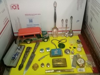 Vintage Junk Drawer Lot Jeepney Watch Knife Stones Fish Fork Buckles