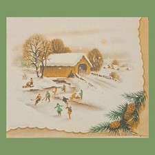Christmas Card Vintage Covered Bridge Ice Skating Americana Winter Scene Holiday
