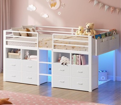 Low Loft Bed Twin Size with 8 Storage Drawers, Twin Loft Bed with Bookc