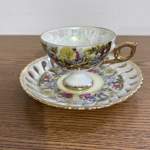 Japan Lusterware Courting Couple Footed Tea Chocolate Cup & Reticulated Saucer