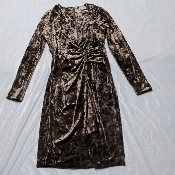 Calvin Klein Brown Crushed Velvet Ruched Cocktail Party Holiday Dress Size 8 - Image 2 of 4