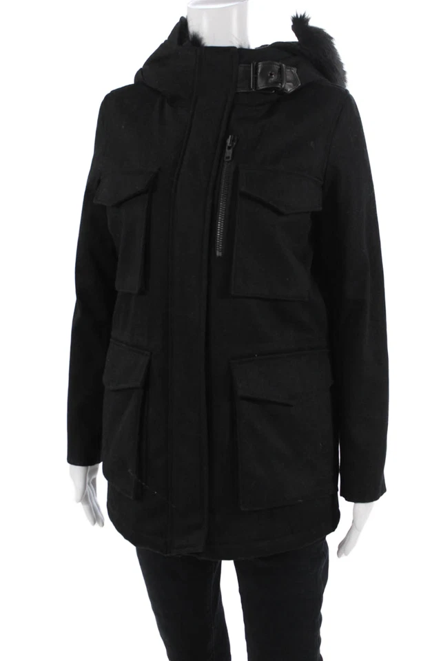 Parka militar The Kooples para mujer negra hebilla cuello alto algodón talla 0 Foto 2 de 4
