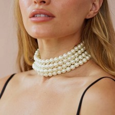 KJL Kenneth Jay Lane Couture 4-Row White Pearl & Crystal Choker Necklace 12-16