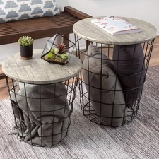 End Tables Set of 2 - Nesting Tables with Removable Wood Tops and Metal Baske...