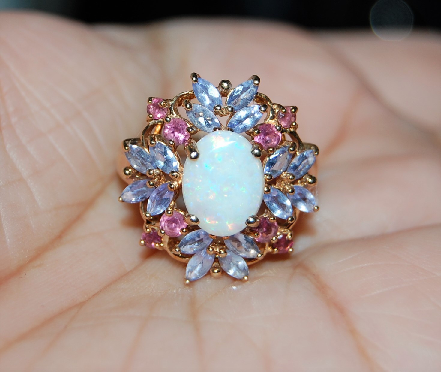 10K Gold Ring Fire Opal Tanzanite Ruby Floral Clu… - image 12