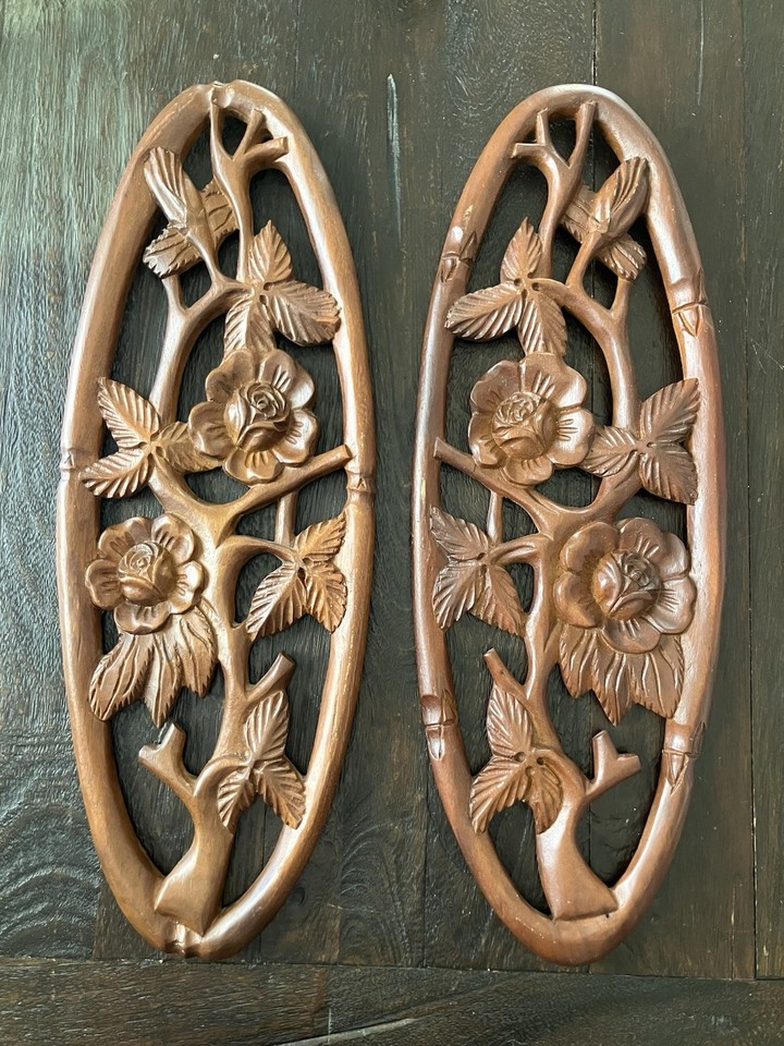 Vintage Wooden Hand Carved Wall Art Plaque Hanging Floral MCM 22" Set Of 2