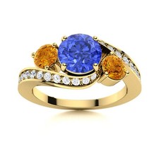 925 Silver Gold Plated 5MM Round Swiss Blue Topaz  Citrine Three Stone Ring