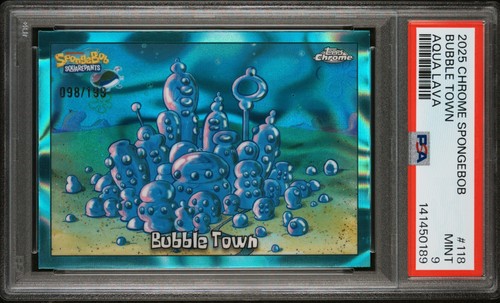 2025 Topps SpongeBob SquarePants Bubble Town Aqua Lava Refractor /199 PSA 9