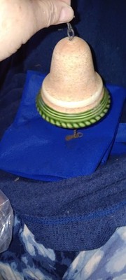 Ceramic Tan and Green Bell with Handle, Round Shape, Approx. 3.5 in Wide