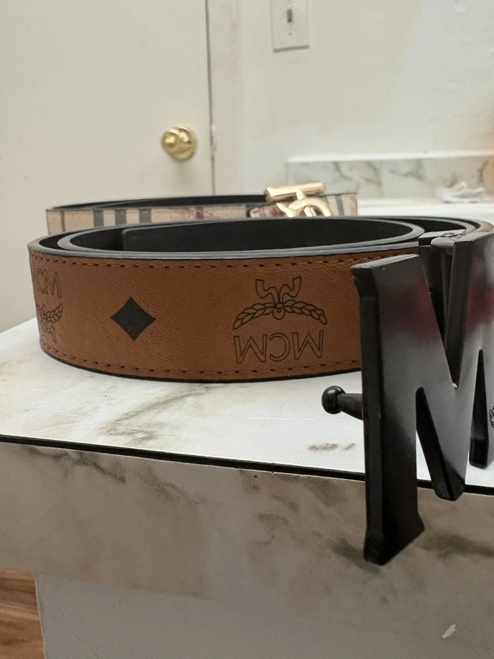 M CM Monogram Logo Brown Leather Belt - Image 2 of 4