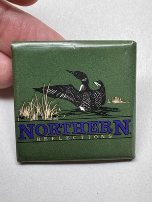 #ad Northern Reflections Loon Bird Advertising Pinback Button Canada Vintage $6.99