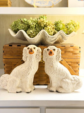 Large Rare Pair Antique White Spaniel Staffordshire English Mantel Dogs England