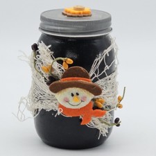 Rustic Fall Scarecrow Hand Painted Mason Halloween Candy Jars Autumn Decor Black