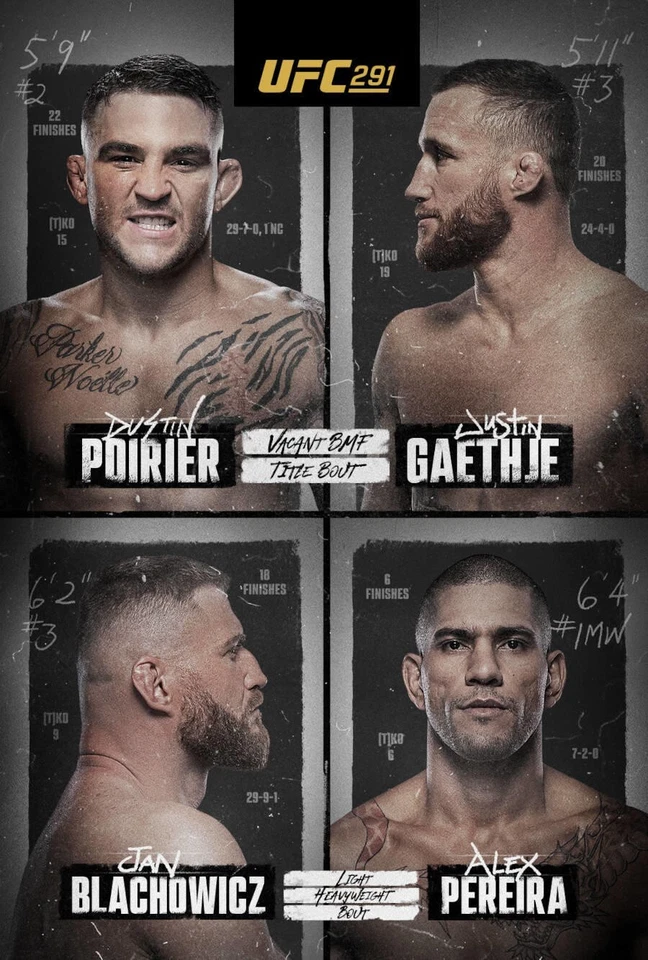 Fight Poster UFC 291 Dustin Poirier vs. Justin Gaethje 2 11X16 Blachowics BMF