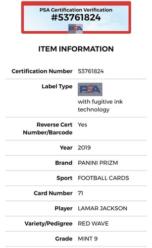 2019 PANINI PRIZM #71 LAMAR JACKSON RED WAVE Baltimore Ravens PSA 9 Mint - Picture 2 of 3