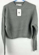 NEW Elodie Cropped Long Sleeve Sweater Women's Large Light Grey Knitted Crewneck