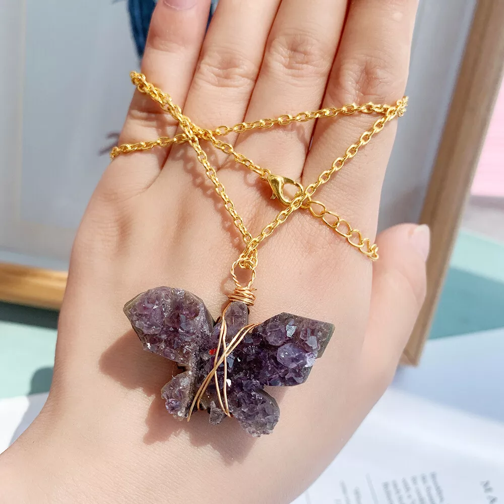 Natural Amethyst Cluster Butterfly Necklace Quartz Crystal Wire