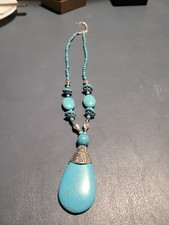 Necklace 18" ext Silver Turquoise Beads Charm 3" Dangle
