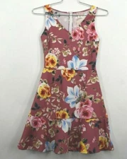 Love...Ady Womens Floral Print V Neck Flounce Hem Dress Back Zip Sleeveless S