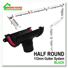 HALF ROUND BLACK GUTTER, DOWNPIPE & FITTINGS - 112mm GUTTER & 68mm 