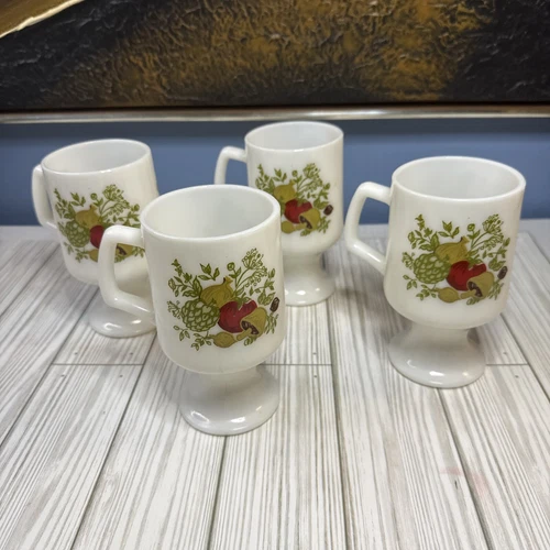 Corning Ware  Spice of Life Milk Glass 10 oz. Pedestal Coffee Mugs Vintage Set 4
