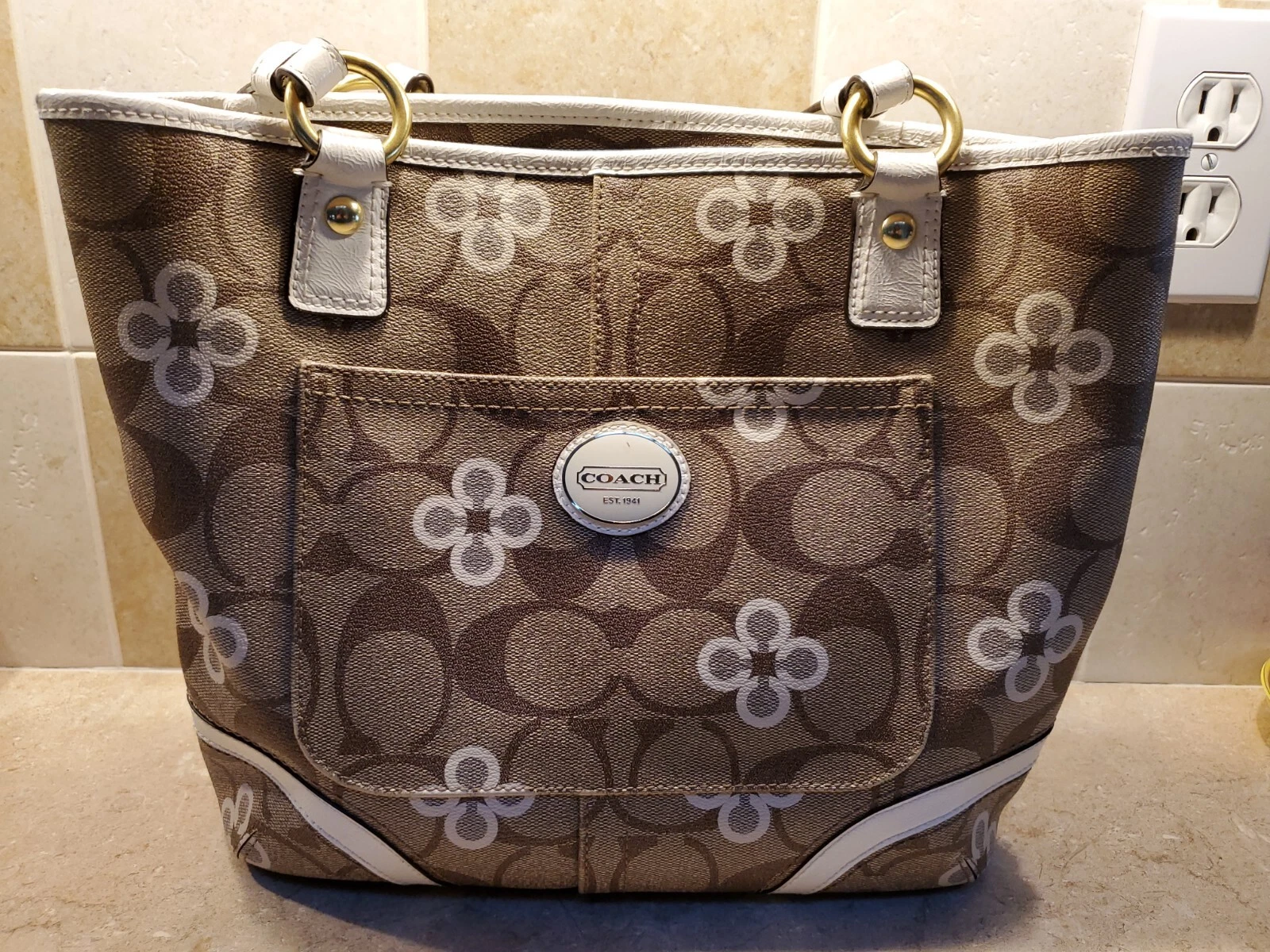 Borsa borsa COACH ~beige marrone con motivo ~ tela rivestita ~ vedi descrizione