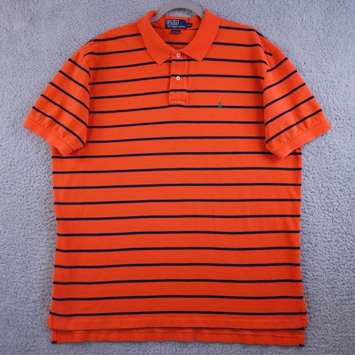 Vintage Ralph Lauren Polo Shirt Mens XXL 2XL Orange Blue Striped Pique Knit Pony