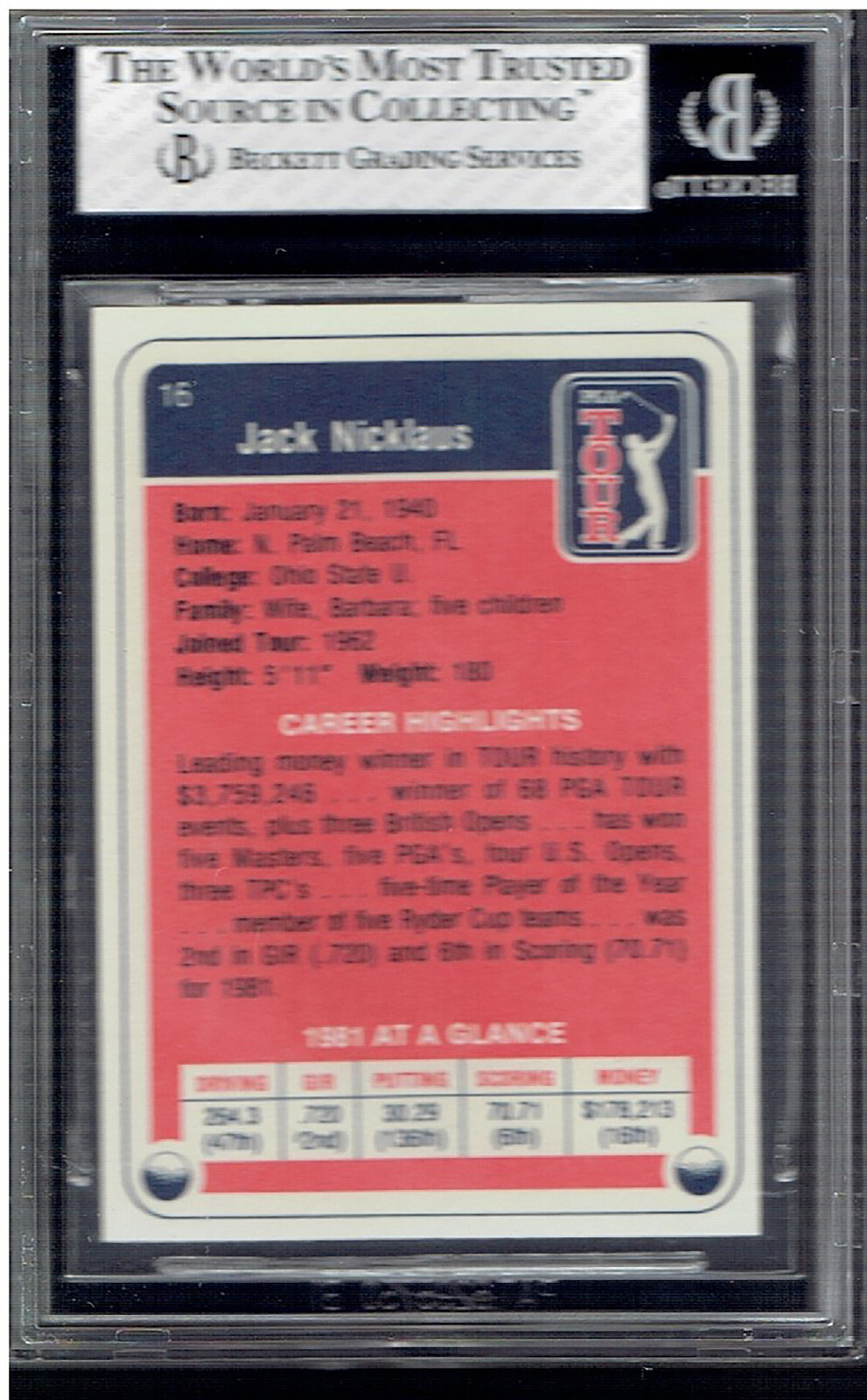 1982 Donruss Golf Jack Nicklaus #16 Bgs 8 Near Mint HOF view 2