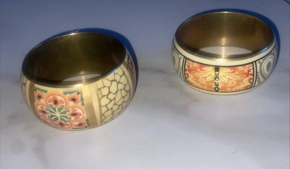 LOTE DE 2 Brazaletes Boho Vintage Anchos Coloridos Mosaico Floral Esmalte Latón Foto 4 de 4