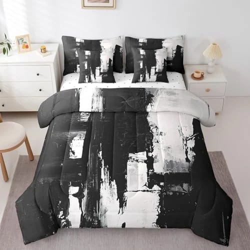  Juego de edredón abstracto blanco y negro para adultos talla 7 piezas blanco rey negro Foto 3 de 4