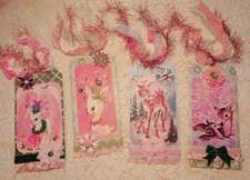 Retro Kitschy Deer Sparkly Pink Shabby Chic Christmas Gift Hang Tags Set Of (4)