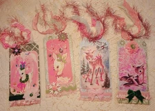 Retro Kitschy Deer Sparkly Pink Shabby Chic Christmas Gift Hang Tags Set Of (4)