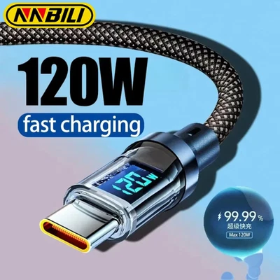 120w Super Fast USB Type-C Charging Cable Braid Phone Charger Lead with Display