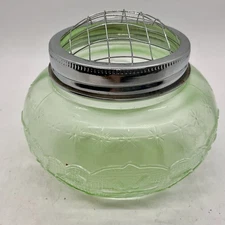 Flower Frog And Vase Green Glass Scrolled Floral Hatched Design Around Glass 4”