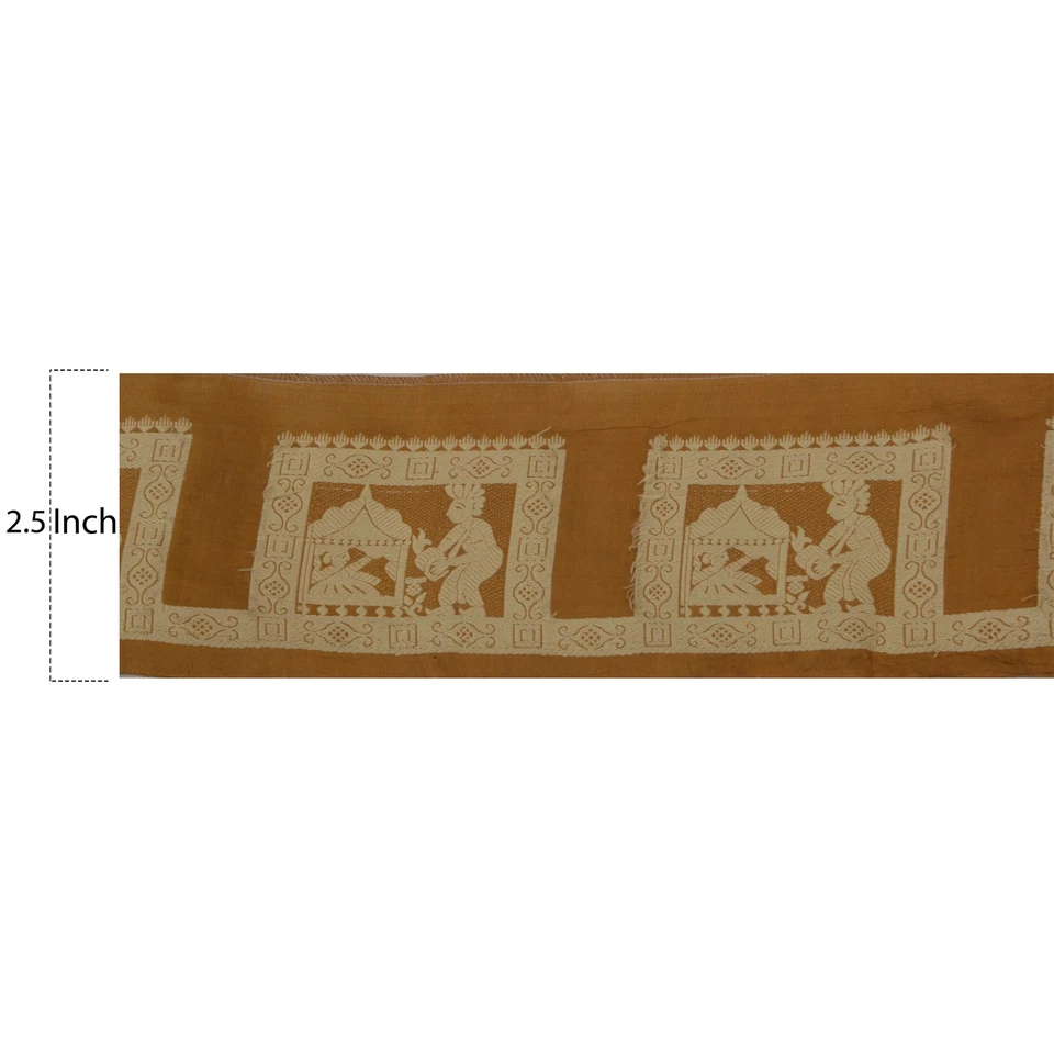 Sanskriti Vintage 1 Yarda Sari Borde Tejido Baluchari Borde Costura Marrón Artesanal Encaje Foto 3 de 4