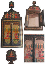 Huge 24x11 Indo-Persian Antique Mirror Case Hand Painted Double Door Carved Wood