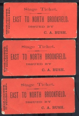 3 Antique Stagecoach Tickets Worcester MA to North Brookfield   C.A. Bush   1800