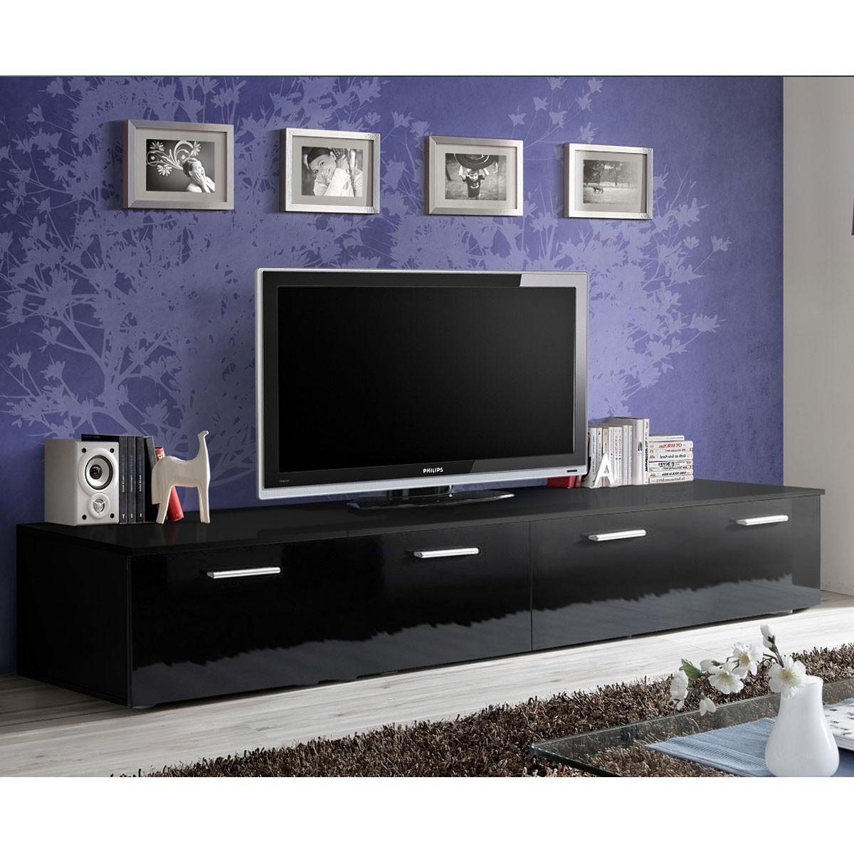 Meuble TV 200cm noir Duo avec rangements push-to-open