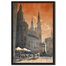 Vintage European Cityscape Framed Canvas Print Sunset Wall Art Decor