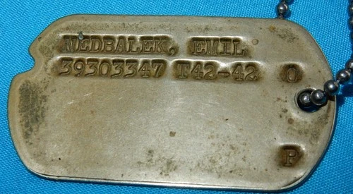 WW2 1942 USA MILITARY DOG TAG TETANUS T42-42 NEDBALEK EMIL 39303347 WORLD WAR II