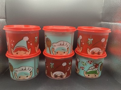 6 VTG TUPPERWARE HOLIDAY PIXIE ELVES CHRISTMAS ELF 2.5 CUP CONTAINERS LIDS CUTE!