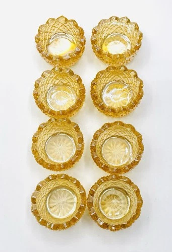 8 Vintage Iridescent Yellow Carnival Glass Salt Dips - Sawtooth Design