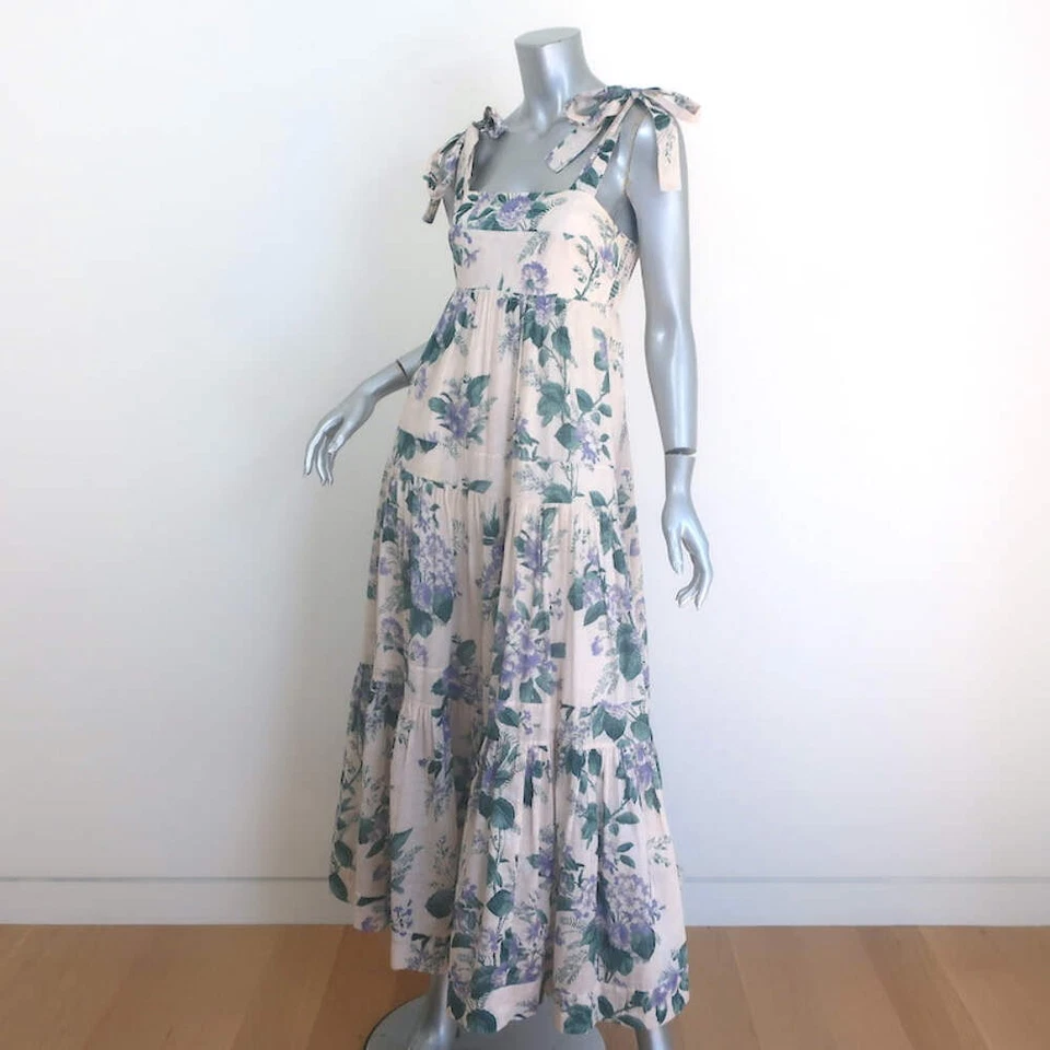 Maxi Vestido Zimmermann Cassia Corbata Rosa Claro Estampado Floral Algodón Talla 1 Foto 3 de 4