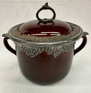 Vintage Silver Mounted Redware Cassoulet Pot and Cover or Crock Pot Marked EL