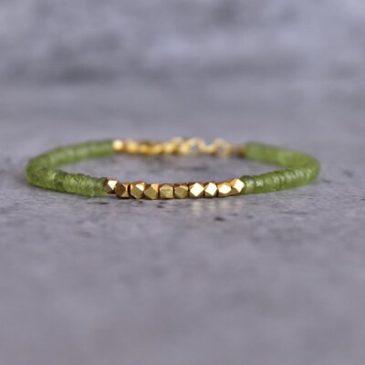 Golden Pyrite & Peridot 2 Multi Faceted Rondelle Gemstone Beaded Bracelet 6-8''
