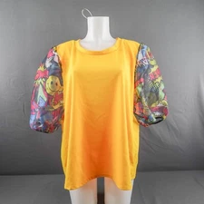 Love J Womens Top Plus 3X Yellow Statement Sleeve Pop Art Sheer Kawaii Bold