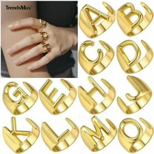 14K Gold Plated Initial A-Z Letter Signet Ring Adjustable Open Rings Men Women