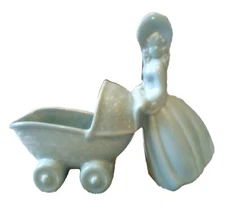 VINTAGE HAEGER CERAMIC PLANTER LADY CARRIAGE BUGGY BABY SHOWER LIGHT BLUE 
