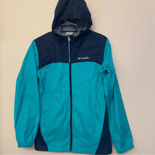 Columbia kids boys girls blue aqua 100 nylon Rain hooded Jacket size L 14-16