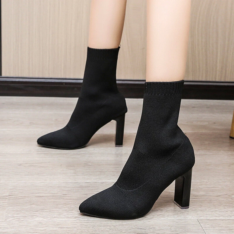 Pointed Block Heel Sock Boots